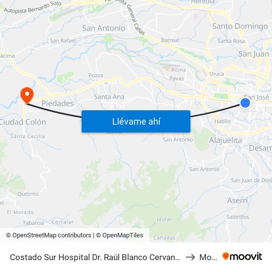 Costado Sur Hospital Dr. Raúl Blanco Cervantes to Mora map