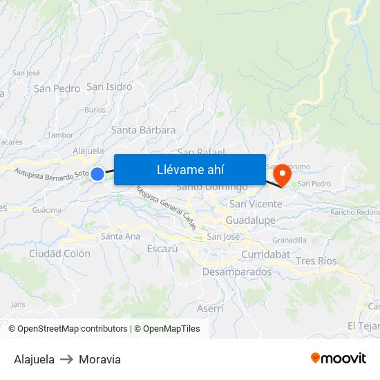 Alajuela to Moravia map