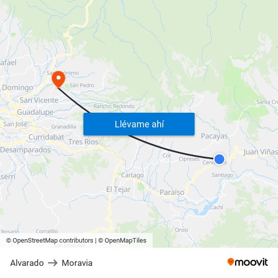 Alvarado to Moravia map