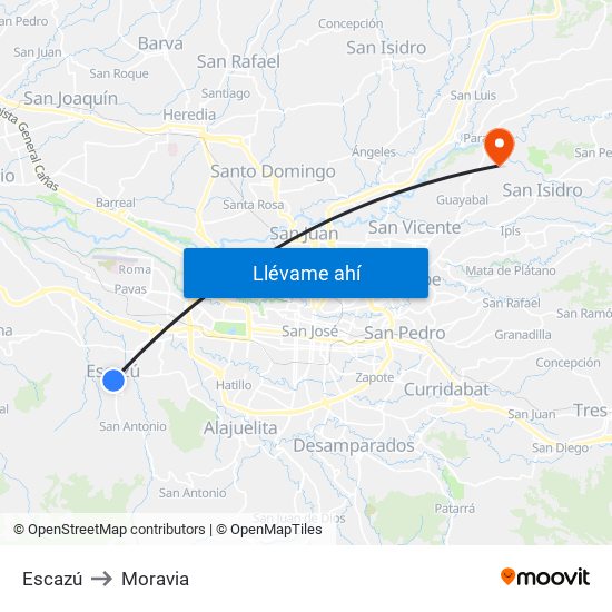 Escazú to Moravia map