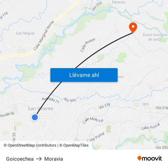 Goicoechea to Moravia map