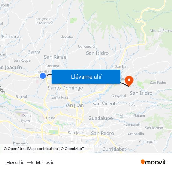 Heredia to Moravia map