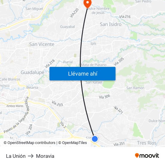 La Unión to Moravia map