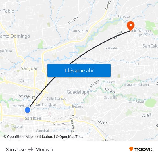 San José to Moravia map