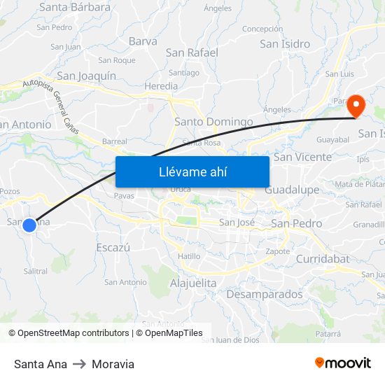 Santa Ana to Moravia map
