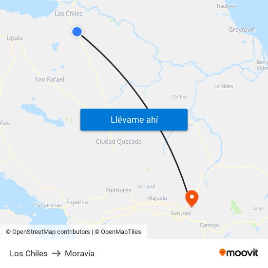 Los Chiles to Moravia map