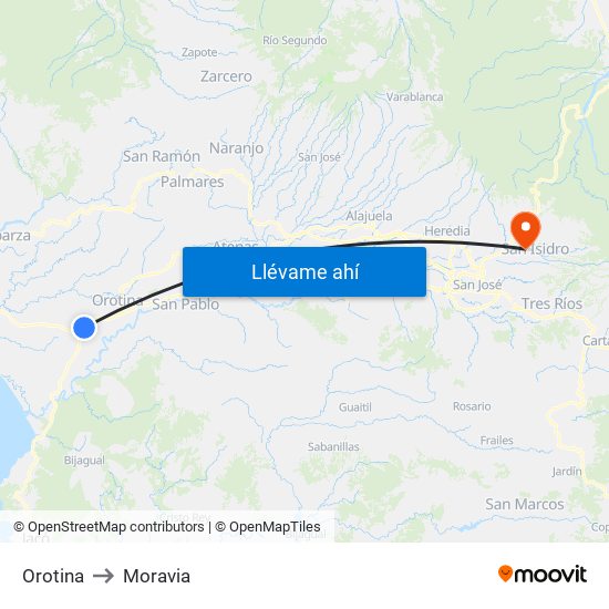 Orotina to Moravia map