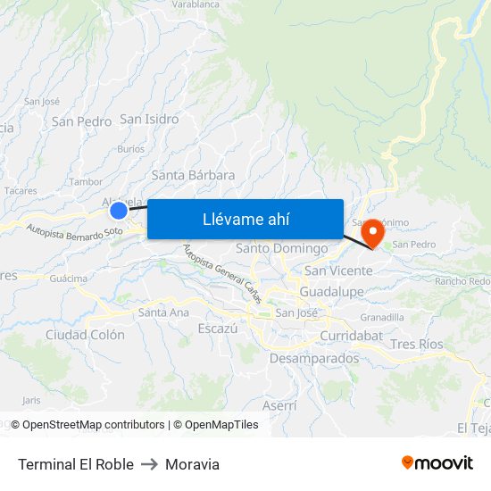 Terminal El Roble to Moravia map