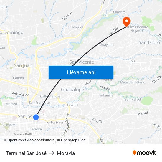 Terminal San José to Moravia map