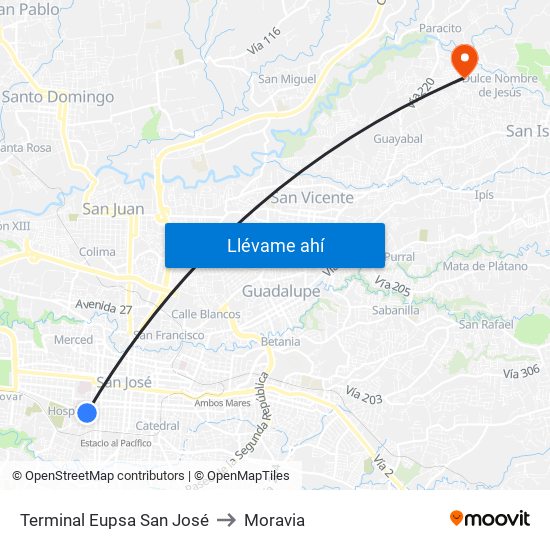 Terminal Eupsa San José to Moravia map