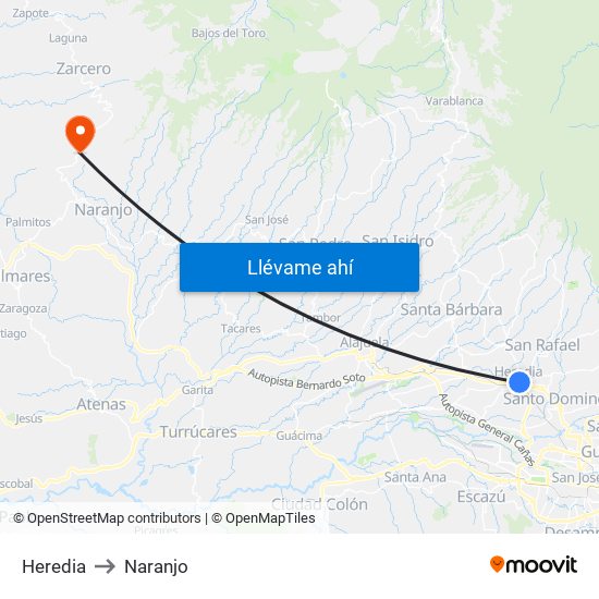 Heredia to Naranjo map