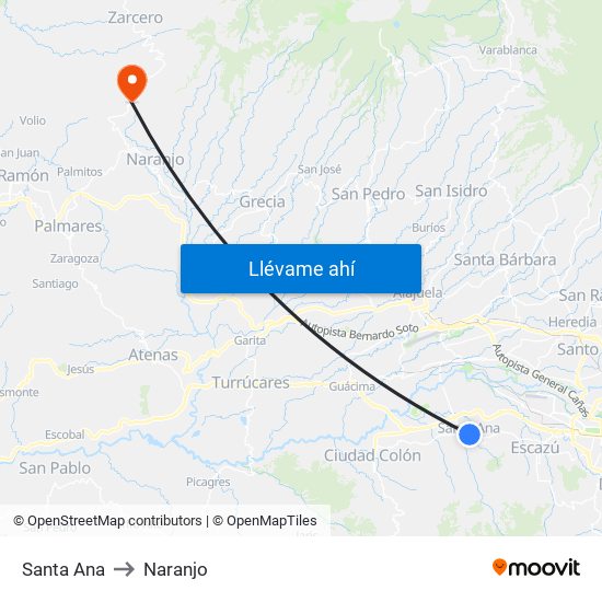 Santa Ana to Naranjo map