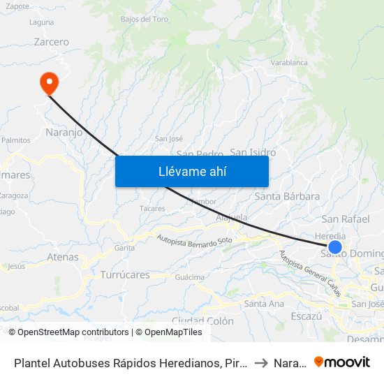 Plantel Autobuses Rápidos Heredianos, Pirro Heredia to Naranjo map