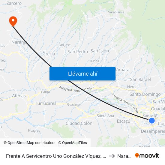 Frente A Servicentro Uno González Víquez, San José to Naranjo map