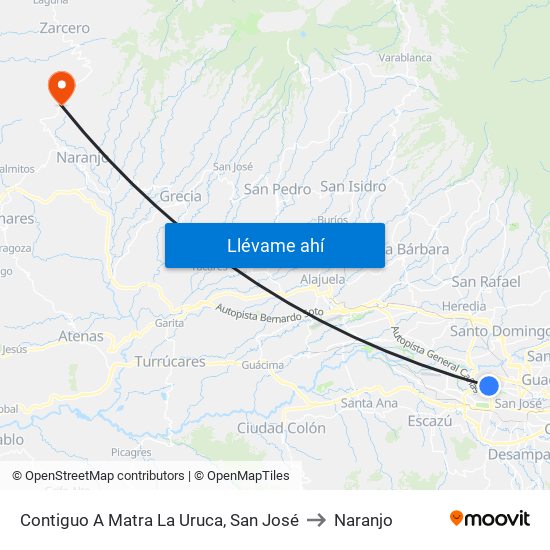 Contiguo A Matra La Uruca, San José to Naranjo map