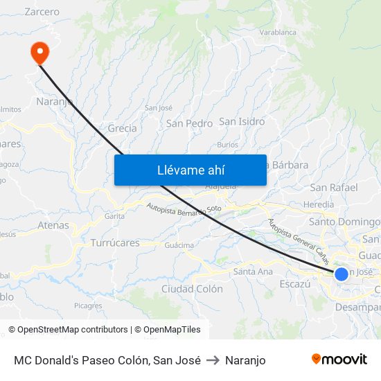 MC Donald's Paseo Colón, San José to Naranjo map