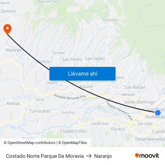 Costado Norte Parque De Moravia to Naranjo map