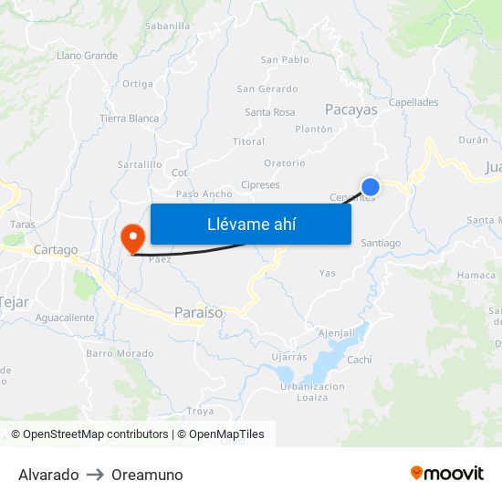 Alvarado to Oreamuno map