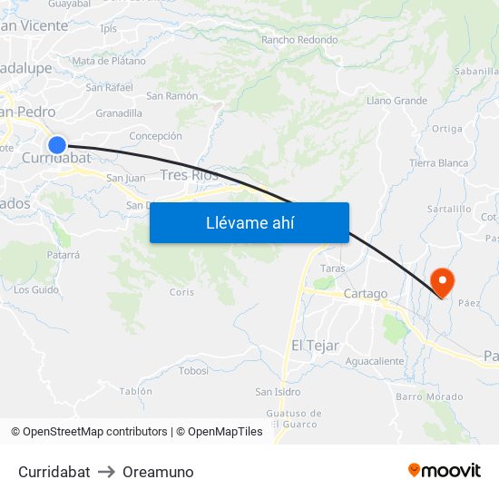 Curridabat to Oreamuno map