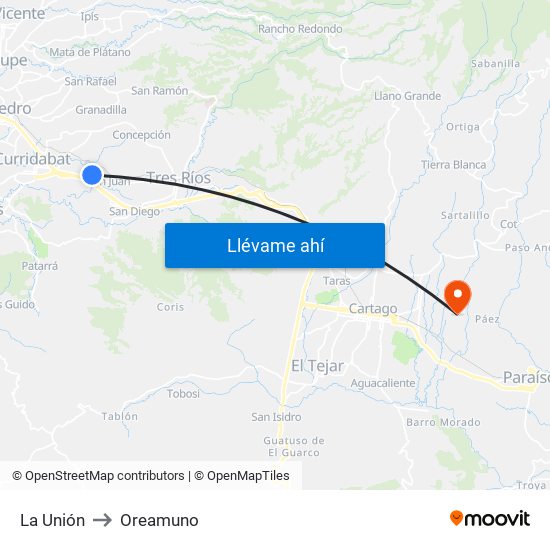 La Unión to Oreamuno map