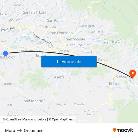 Mora to Oreamuno map