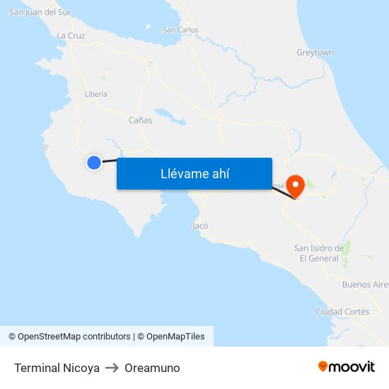 Terminal Nicoya to Oreamuno map