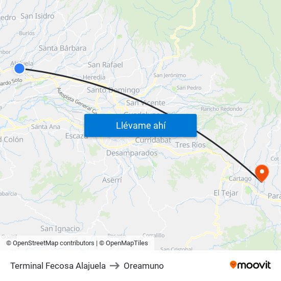Terminal Fecosa Alajuela to Oreamuno map