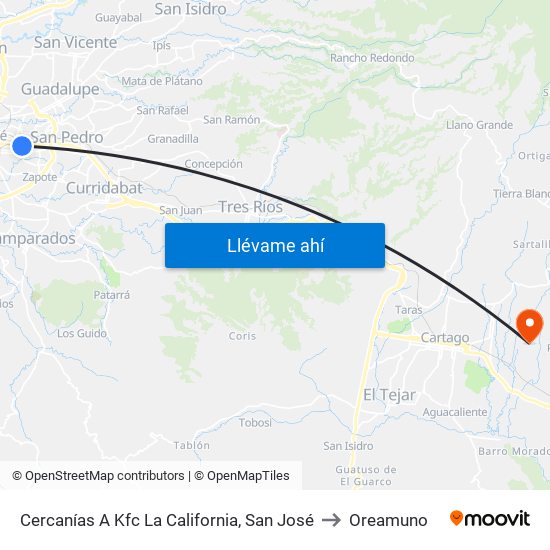 Cercanías A Kfc La California, San José to Oreamuno map
