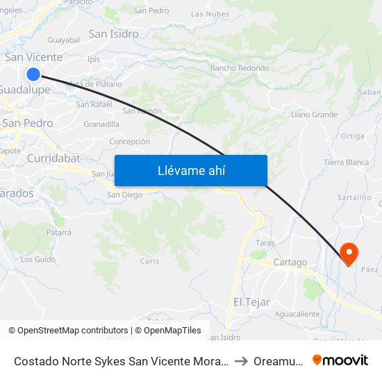 Costado Norte Sykes San Vicente Moravia to Oreamuno map