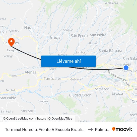 Terminal Heredia, Frente A Escuela Braulio Morales to Palmares map