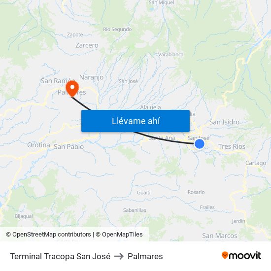 Terminal Tracopa San José to Palmares map