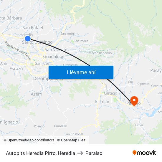 Autopits Heredia Pirro, Heredia to Paraíso map