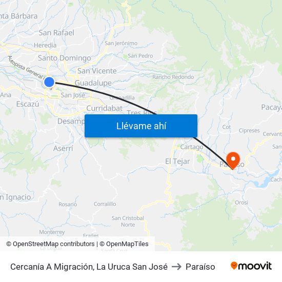 Cercanía A Migración, La Uruca San José to Paraíso map