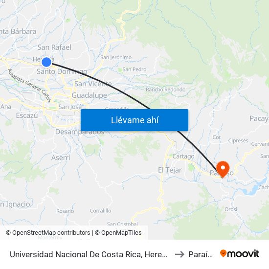 Universidad Nacional De Costa Rica, Heredia to Paraíso map