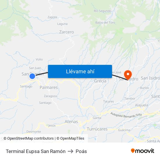 Terminal Eupsa San Ramón to Poás map