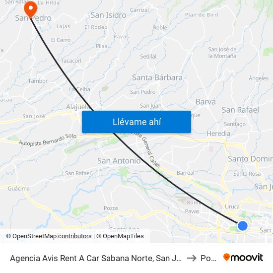 Agencia Avis Rent A Car Sabana Norte, San José to Poás map