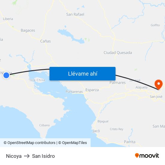 Nicoya to San Isidro map
