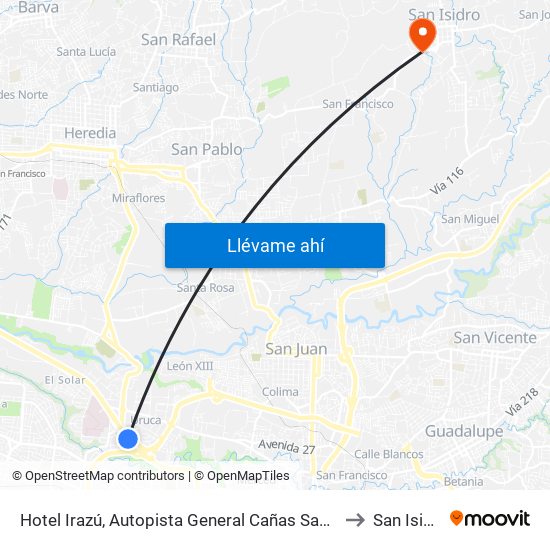 Hotel Irazú, Autopista General Cañas San José to San Isidro map