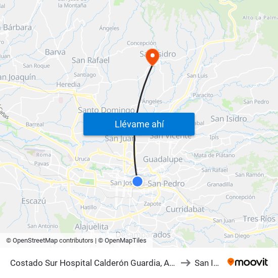 Costado Sur Hospital Calderón Guardia, Aranjuez San José to San Isidro map