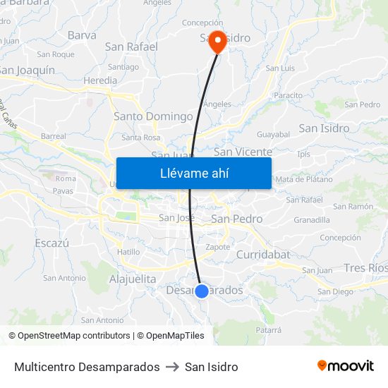 Multicentro Desamparados to San Isidro map