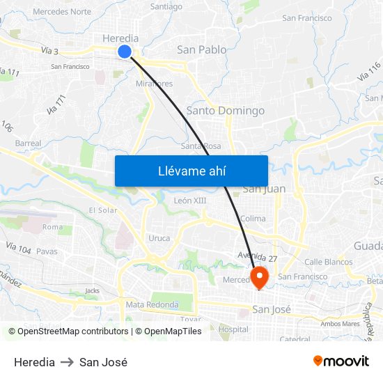 Heredia to San José map