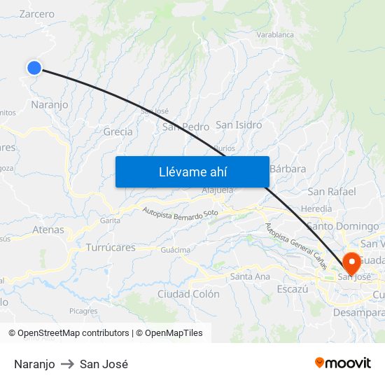 Naranjo to San José map