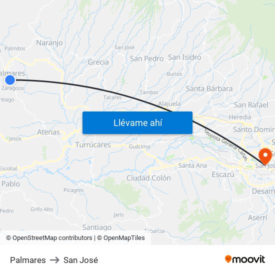 Palmares to San José map