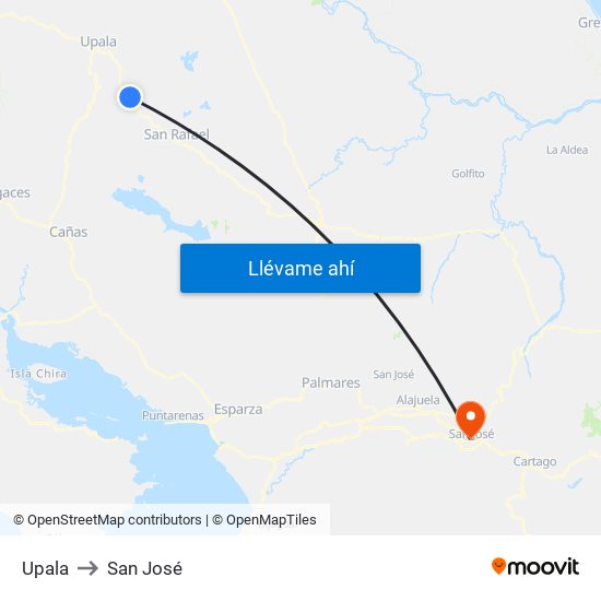 Upala to San José map