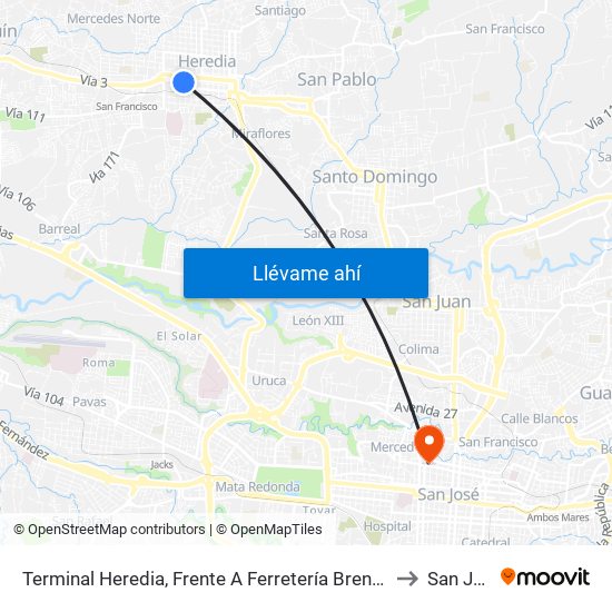 Terminal Heredia, Frente A Ferretería Brenes Heredia to San José map