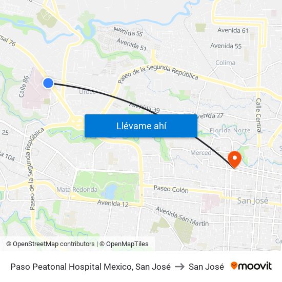 Paso Peatonal Hospital Mexico, San José to San José map