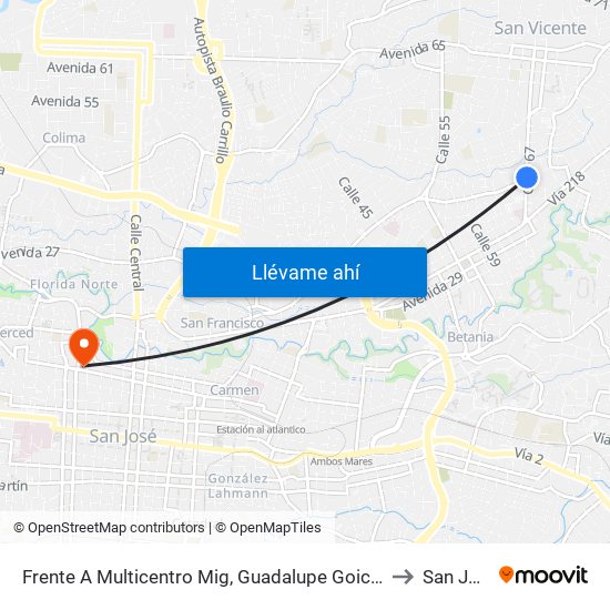 Frente A Multicentro Mig, Guadalupe Goicoechea to San José map