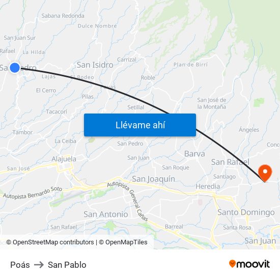 Poás to San Pablo map