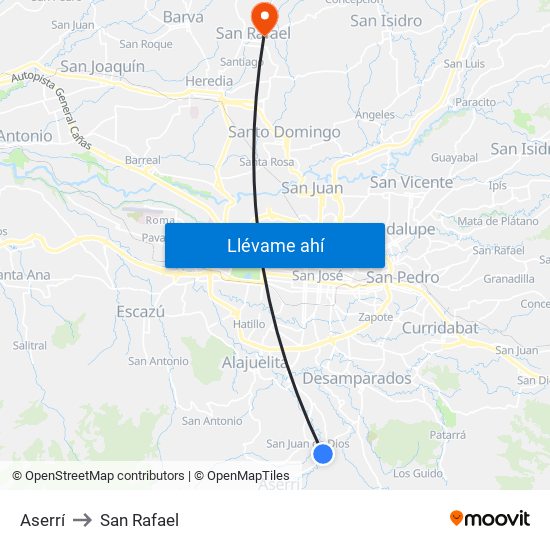 Aserrí to San Rafael map