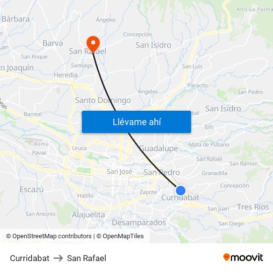 Curridabat to San Rafael map